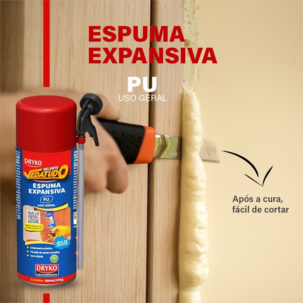 Espumas Expansivas PU Vedatudo Dryko 300ml Uso Geral C/ 1, 2 ou 3 Unidades