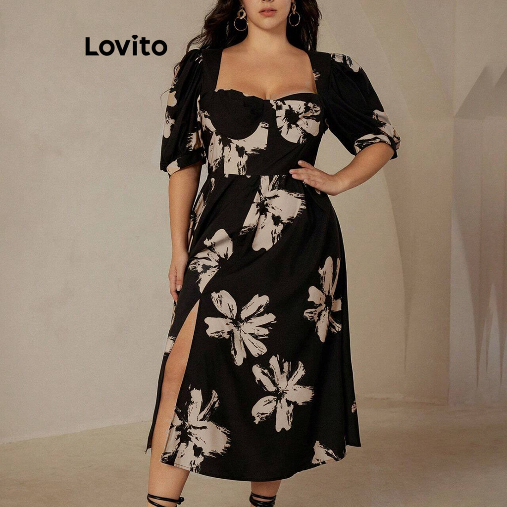 Lovito Vestido Curva Plus Size Elegante Estrutura Floral Bufantes Vestido De Primavera E Verão Para Mulheres LBL19344 - Women Clothes