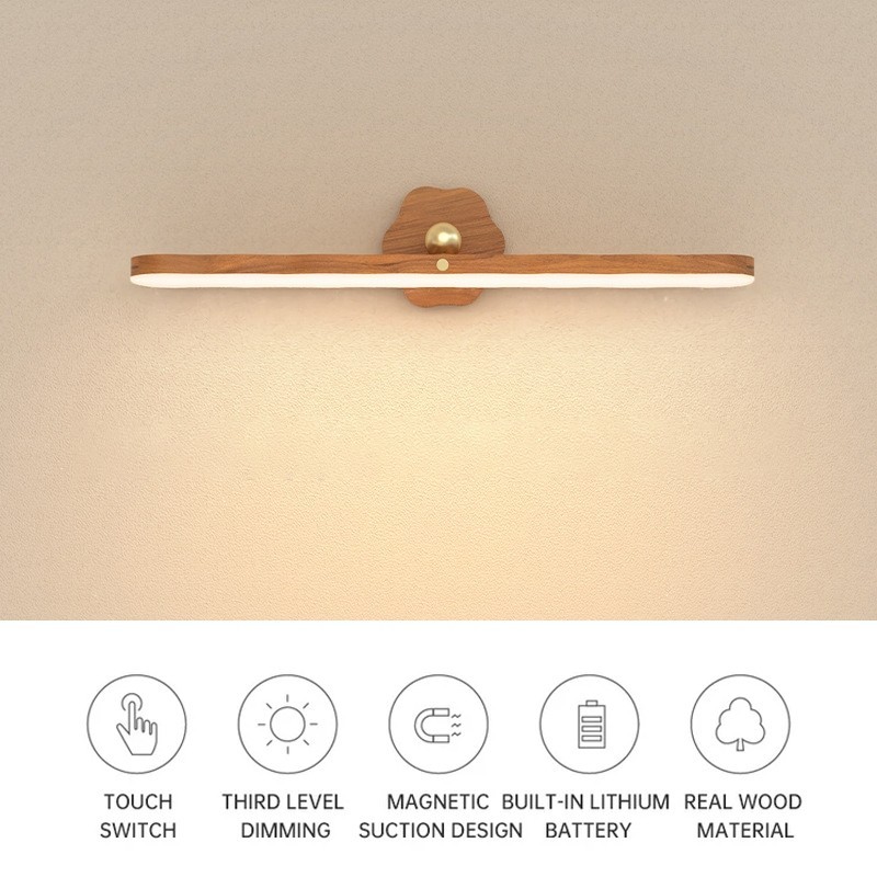 Luminária LED de Madeira USB Recarregável com Base Magnética para Quarto, Armário e Espelho