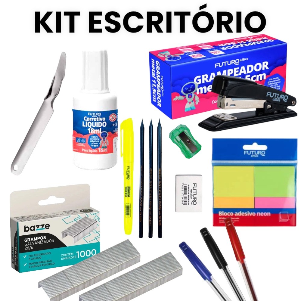 KIT ESCRITÓRIO GRAMPEADOR GRAMPO CANETAS MARCA TEXTO CORRETIVO LÁPIS BORRACHA ESPÁTULA APONTADOR em Oferta na Shopee