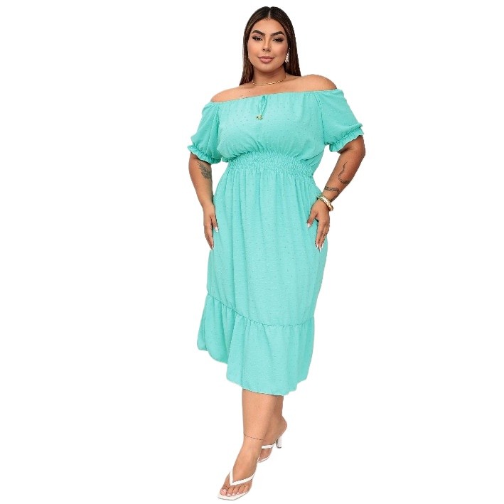Vestido Midi Ciganinha Ombro a Ombro Tecido Duna Pipoca Manga Princesa Moda Feminina Plus Size