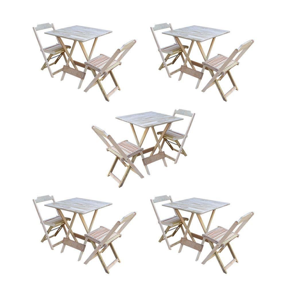 Kit 5 Conjuntos De Mesa Dobravel Com 2 Cadeiras De Madeira 70X70 Para Restaurante E Bar - Sem Pintur