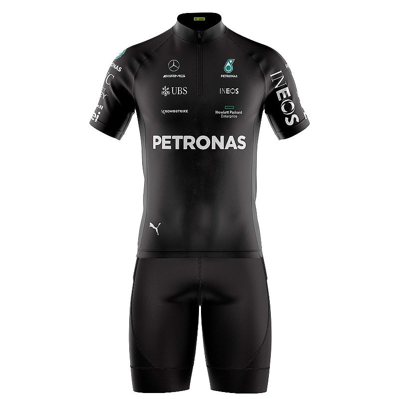 CONJUNTO CICLISMO MASCULINO BERMUDA E CAMISA PETRONAS PRETO UV 50+