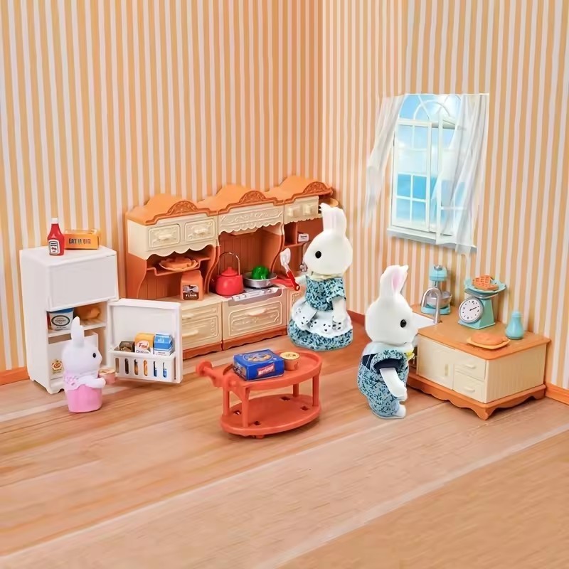 Floresta Animal Família Casa De Bonecas Móveis Cozinha Jogo Conjunto Mini Geladeira Bakeware Simulação Comida Brinquedos