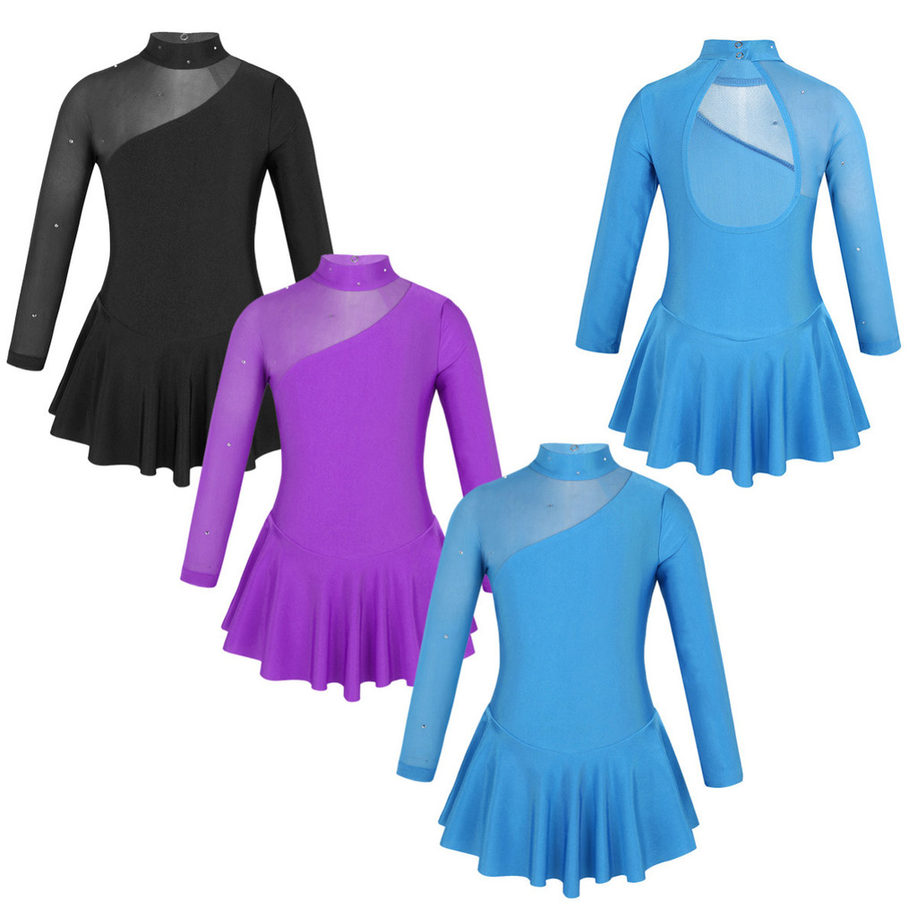 MSemis Crianças Meninas Mangas Compridas Mock Neck Tule Splice Recortes Volta Figura Patinação No Gelo Ballet Dança Coll