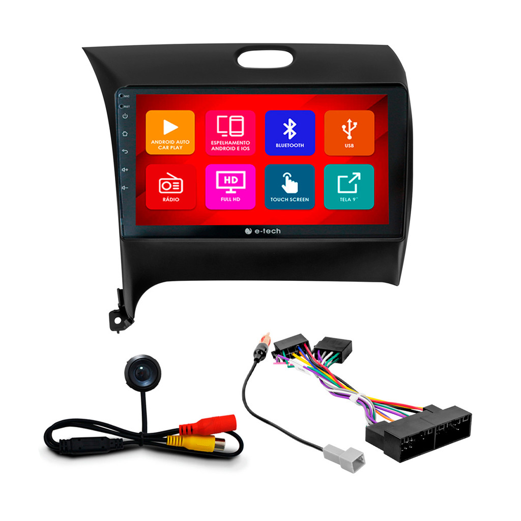 Kit Multimídia 9 Pol Cerato 2013 2014 2015 2016 2017 Android Auto CarPlay Qa+ 2 Din Preto Espelhamento Android Ios