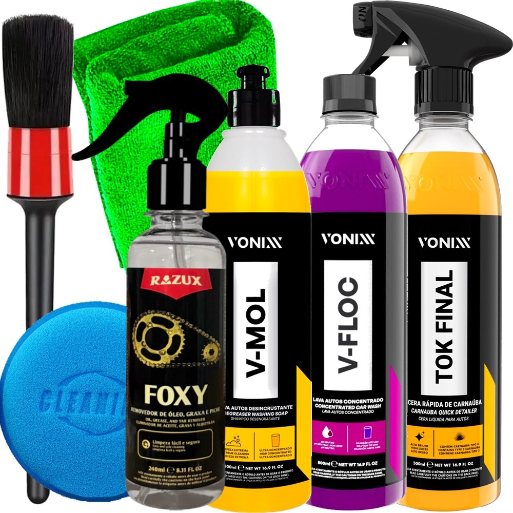 Kit Lavagem de Moto Estética Automotiva Vonixx Cera Tok Final Shampoo Limpeza Pesada V-Mol V-Floc Limpa Corrente Foxy em Oferta na Shopee