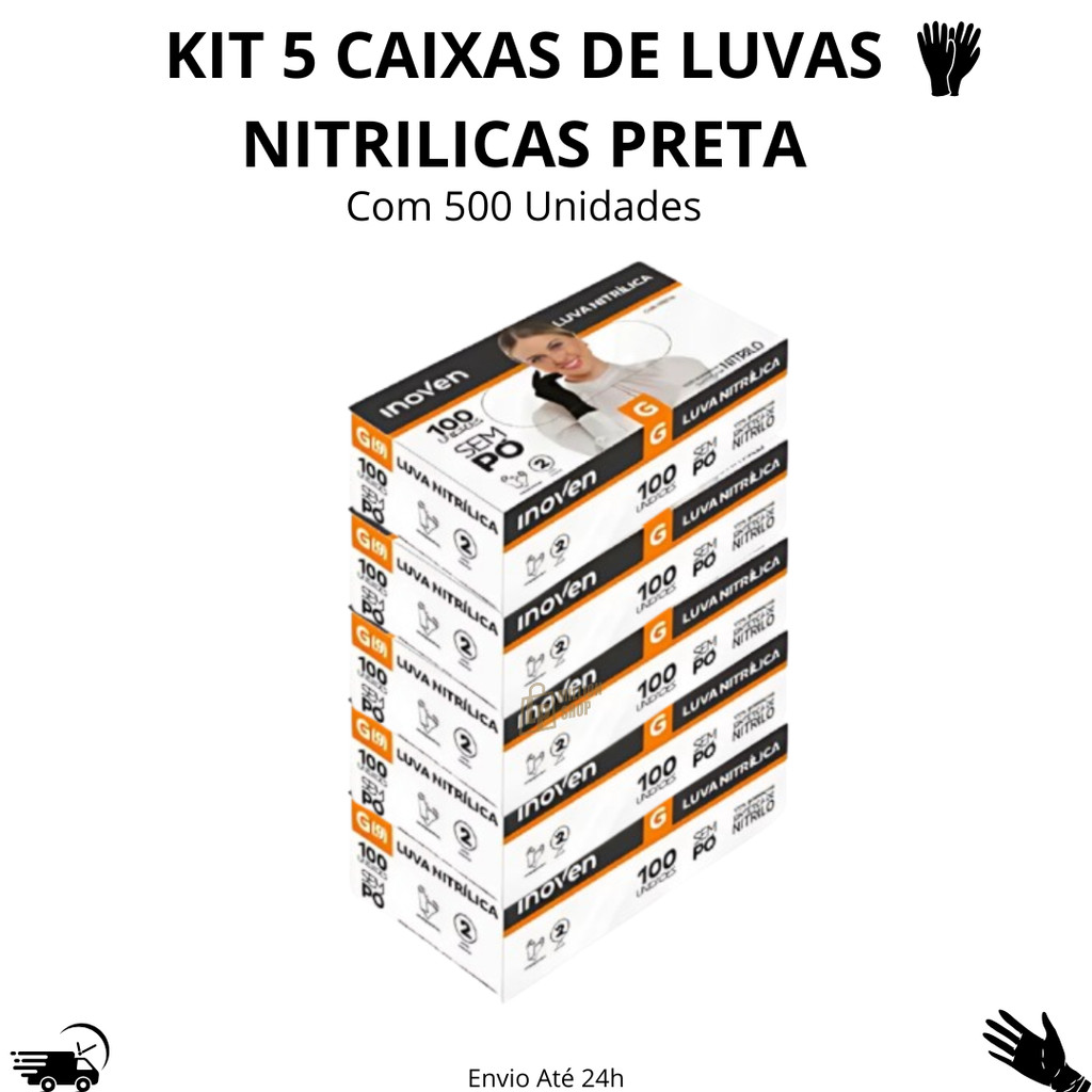 Kit 5 Luvas Nitrílica Preta Descartável Black Sem Pó C/100