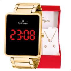Relógio Feminino Champion Digital Dourado Colar e Brincos CH40086V Relógio Feminino Dourado