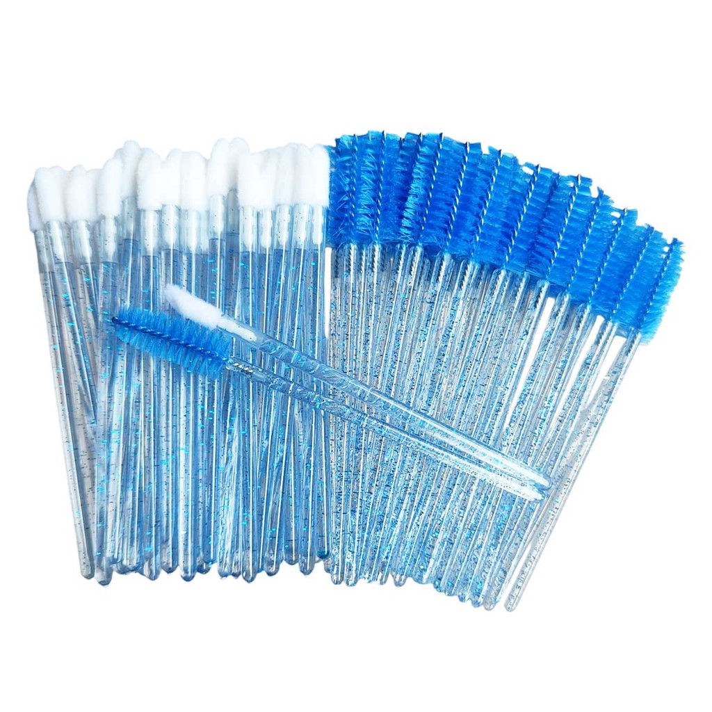 Kit 50 Escovinha + 50 Pincel Aplicador Gloss Azul c/ Glitter em Oferta na Shopee