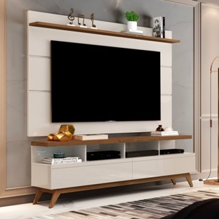 Rack com Painel para TV até 60 Polegadas Pés em Madeira Maciça Vivare Off White/Freijó em Oferta na Shopee