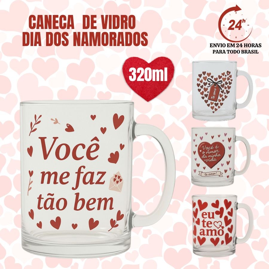 Dia Dos Namorados Caneca de Vidro 320ml Presente Personalizado Frases
