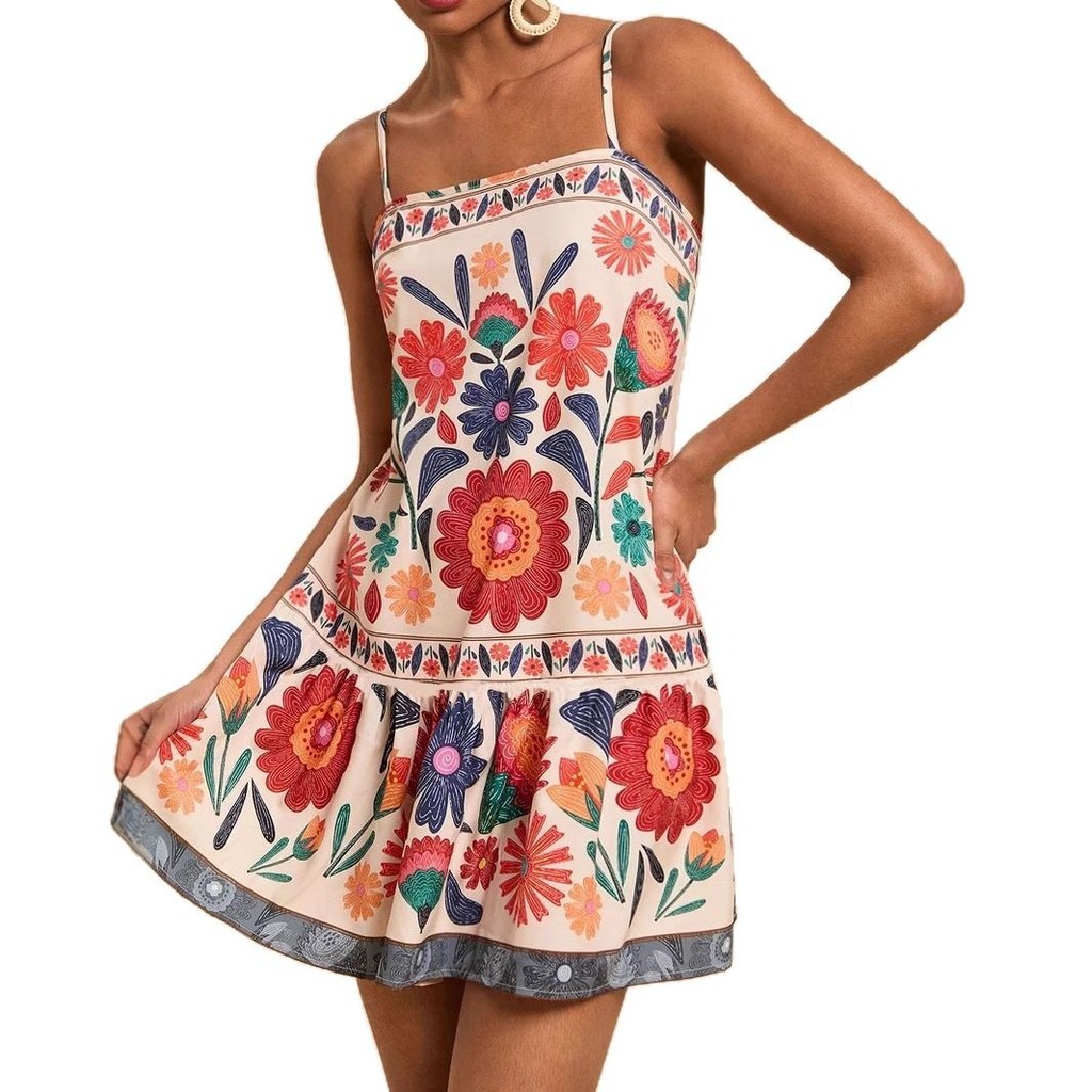 Vestido feminino de primavera e verão, vestido casual de moda, cintura alta estampado cintura em Oferta na Shopee
