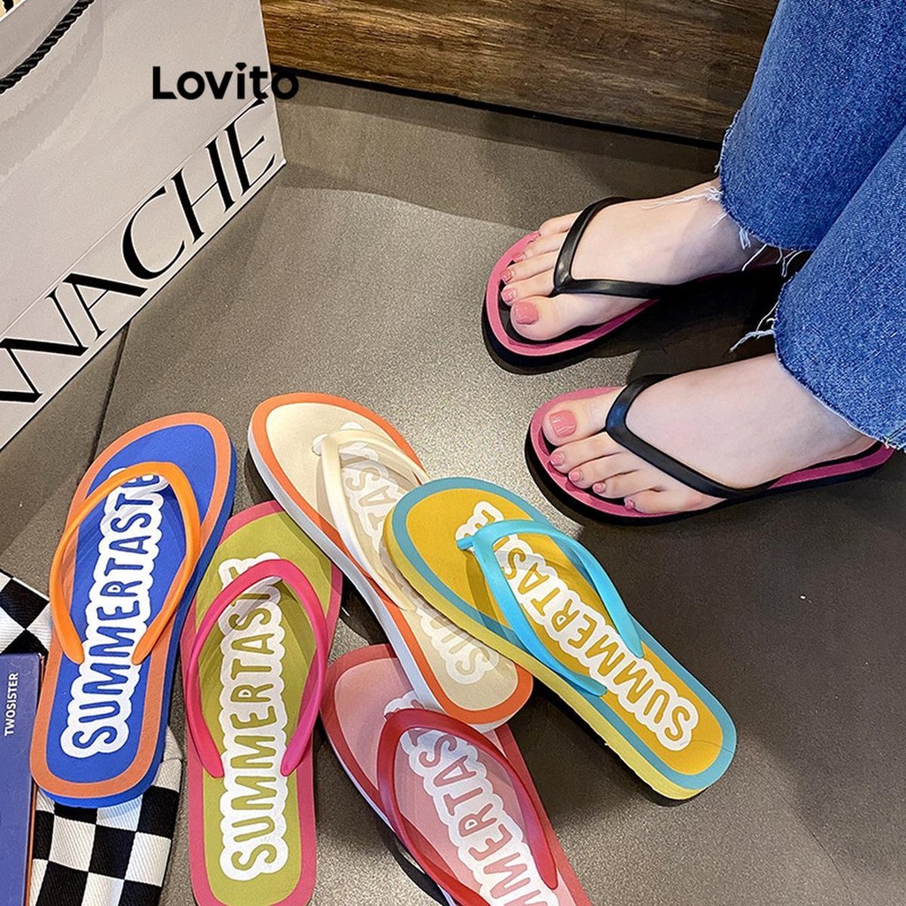 Lovito Casual carta desodorante fundo macio sandália plana para mulher LFA72202 - Women Shoes