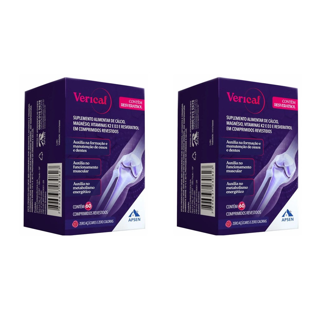 Kit 2 Verical Cálcio Resveratrol Magnésio Vit K e D  60cp