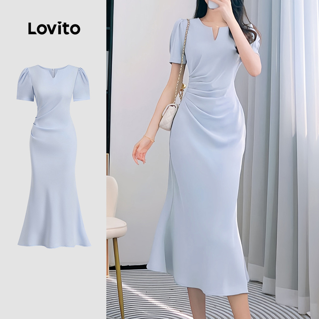 Lovito Vestido elegante liso plissado para mulheres L131ED080 em Oferta na Shopee