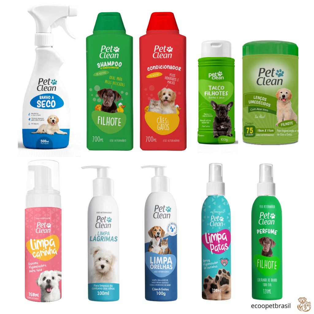 Kit Filhote Banho a Seco + Shampoo + Condicionador + Limpa Lágrima, Pata, Orelha e Carinha  + Lenço + Talco + Perfume