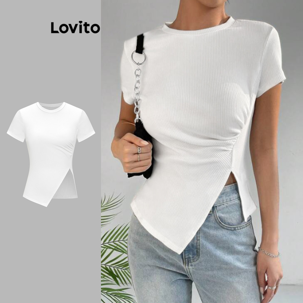 Lovito Camiseta Elegante Lisa Plissada Dividida Para Mulheres L65ED029 (Branco) em Oferta na Shopee