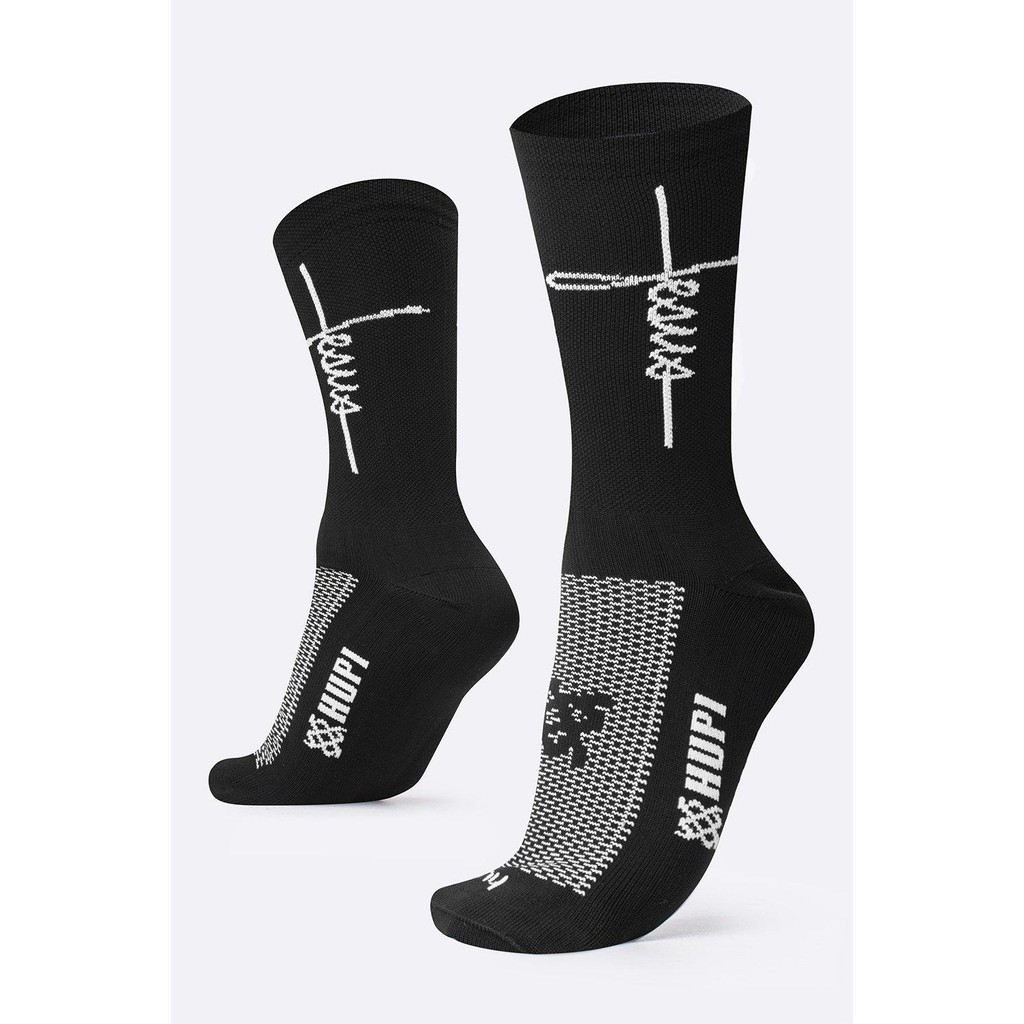 Meia para Corrida Ciclismo HUPI Estampa Jesus, Cor Preto/Branco, Tamanho 34-38