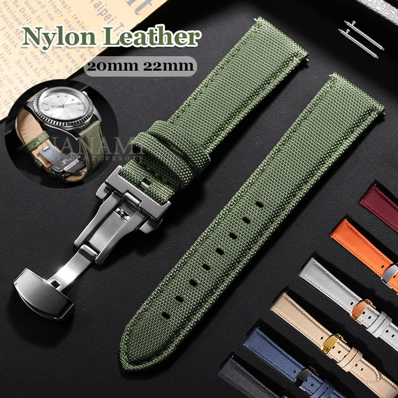20mm 22mm Nylon Pulseira De Relógio De Couro Genuíno Sailcloth Esportiva Fivela De Borboleta Universal De Liberação Rápi