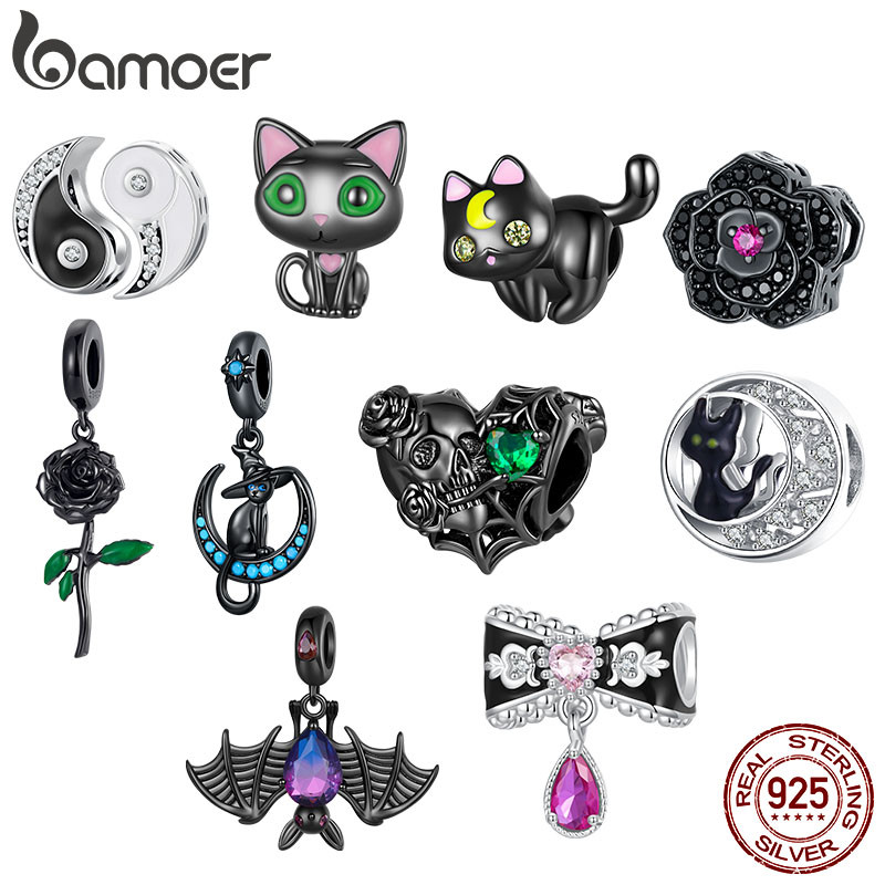 Bamoer 925 Sterling Sliver Charm Beads Preto Escuro Legal Gato Pingente DIY Para Pulseira Presente