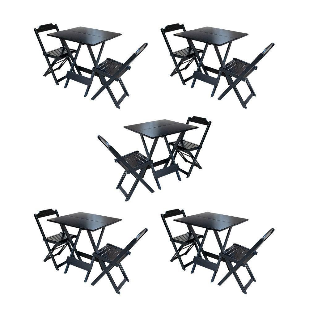 Kit 5 Conjuntos De Mesa Dobravel Com 2 Cadeiras De Madeira 70X70 Para Restaurante E Bar - Preto