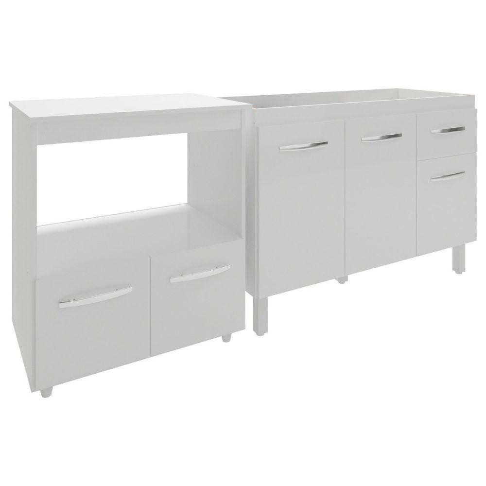Cozinha Armário Balcão Gabinete De Pia Aline 120 Cm E Balcão Amanda Para Microondas E Forno Elétrico Branco