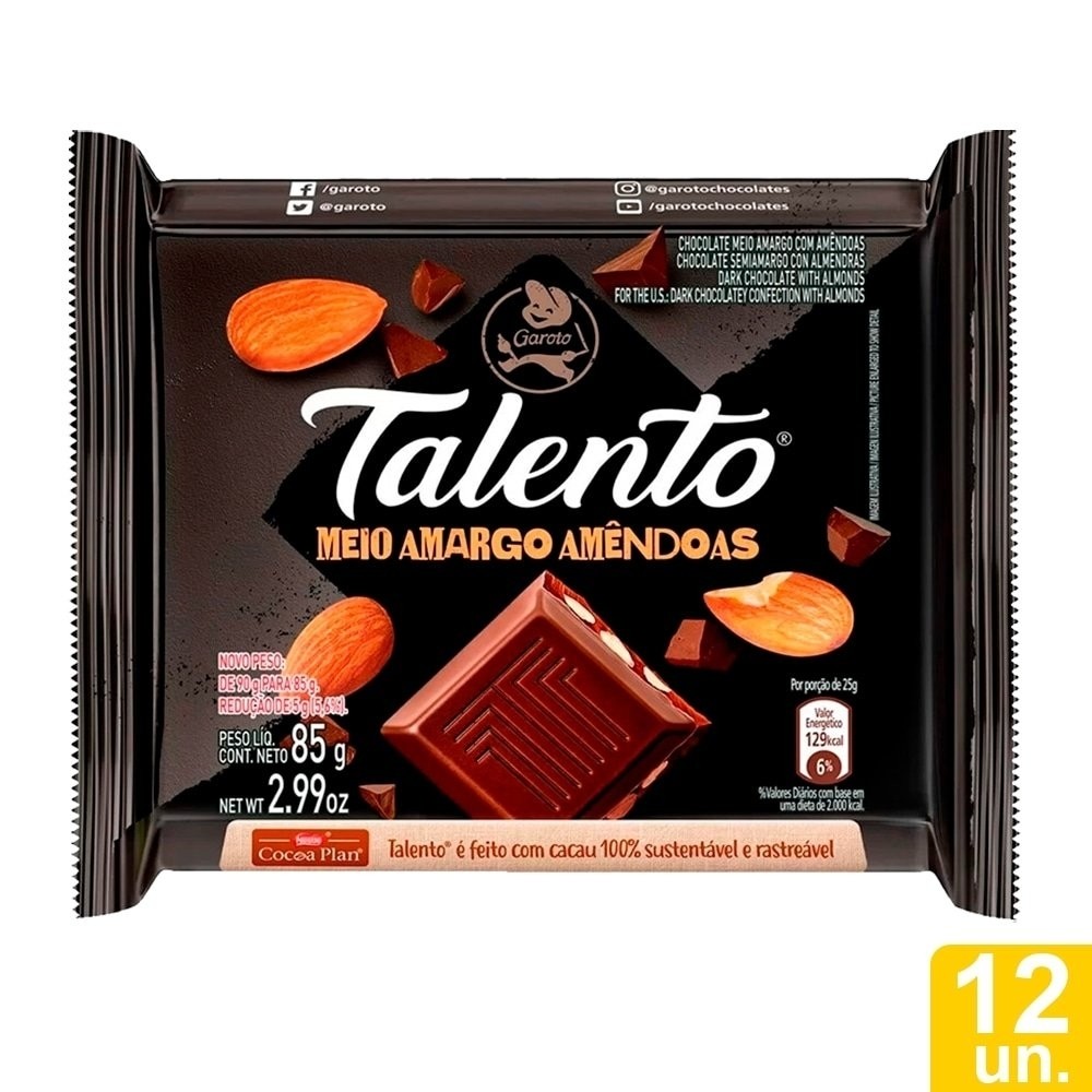 Chocolate Garoto Talento Meio Amargo com Amêndoas 85g - Embalagem com 12 Unidades - Food & Beverages