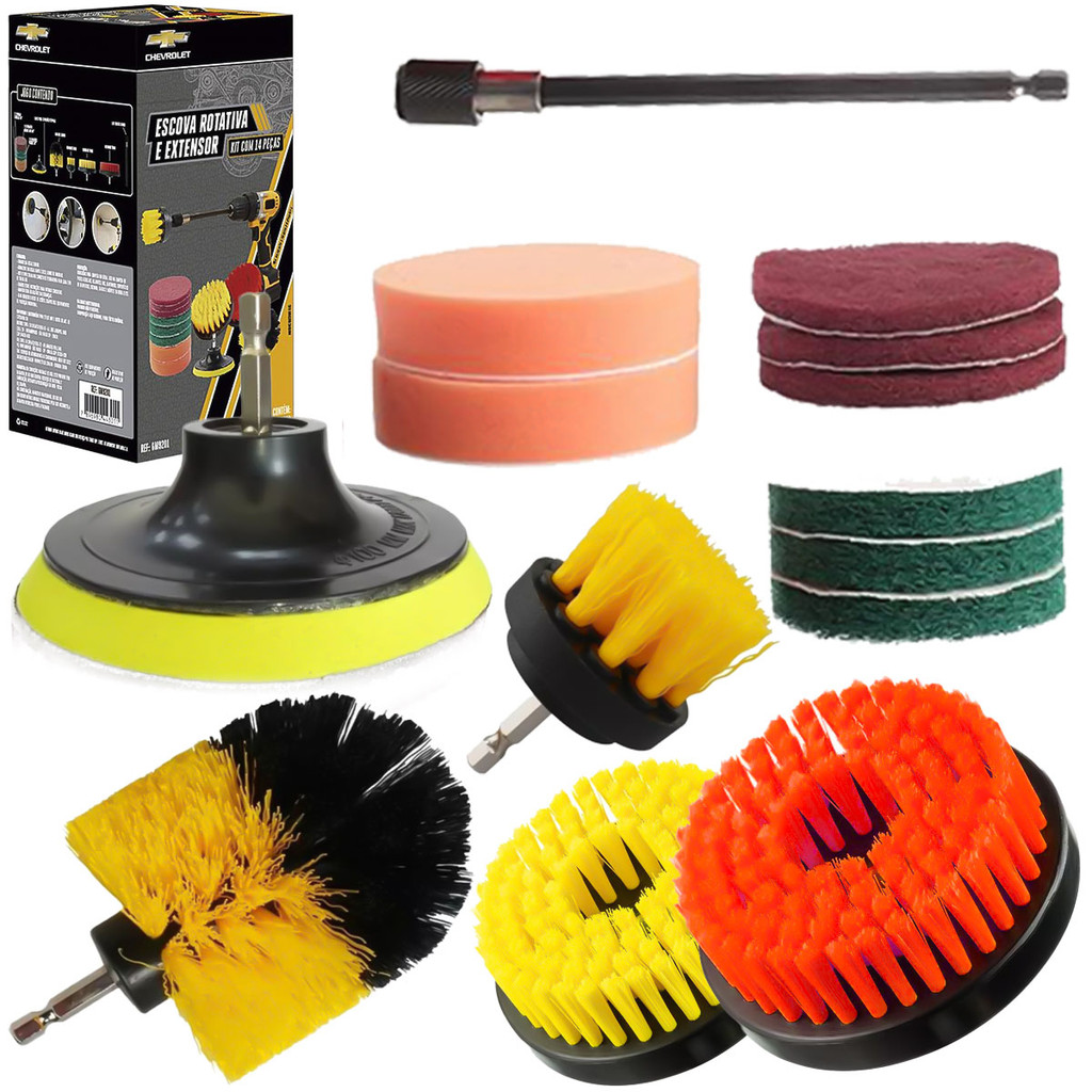 Conjunto De Escovas Rotativas 14 Peças Para Limpeza De Carro Pisos Móveis Com Extensor