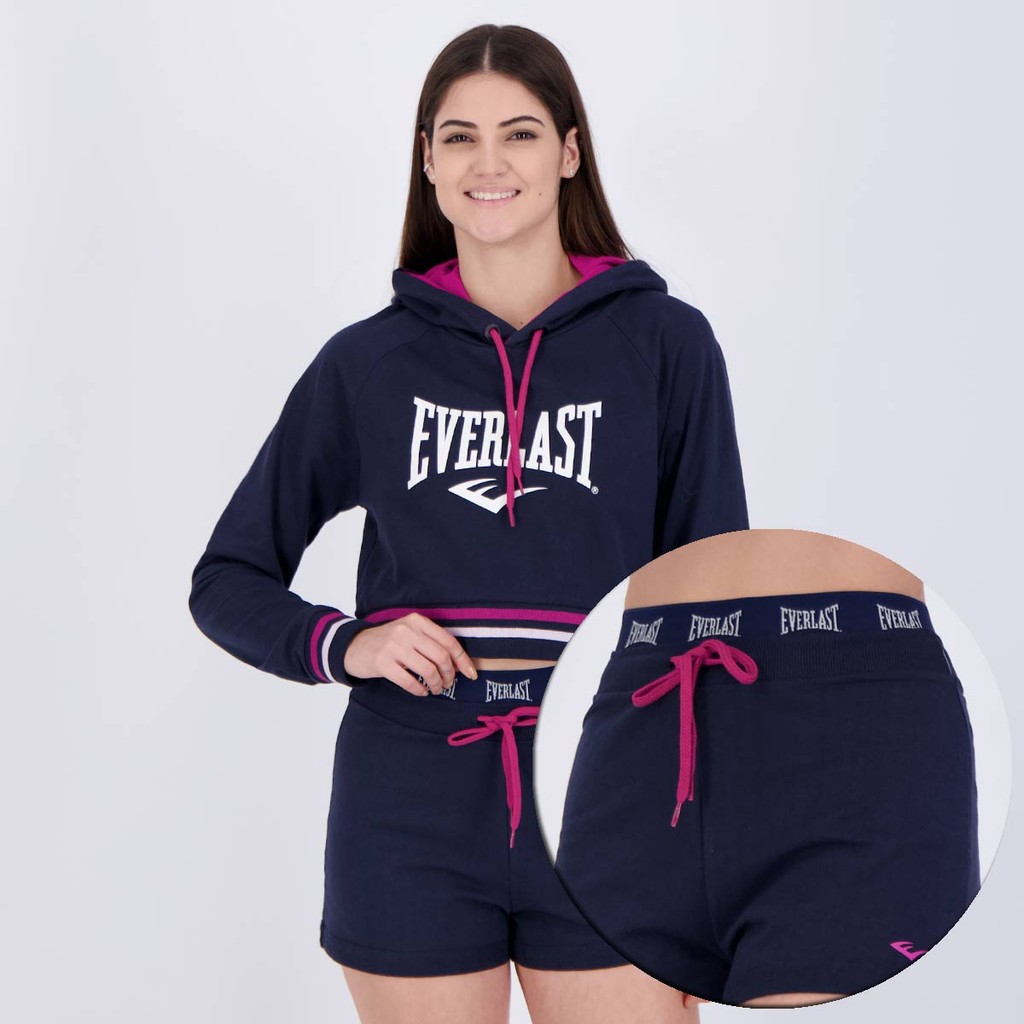 Conjunto Cropped Manga Longa Everlast e Shorts Moletom Everlast Feminino Marinho - Sports & Outdoors