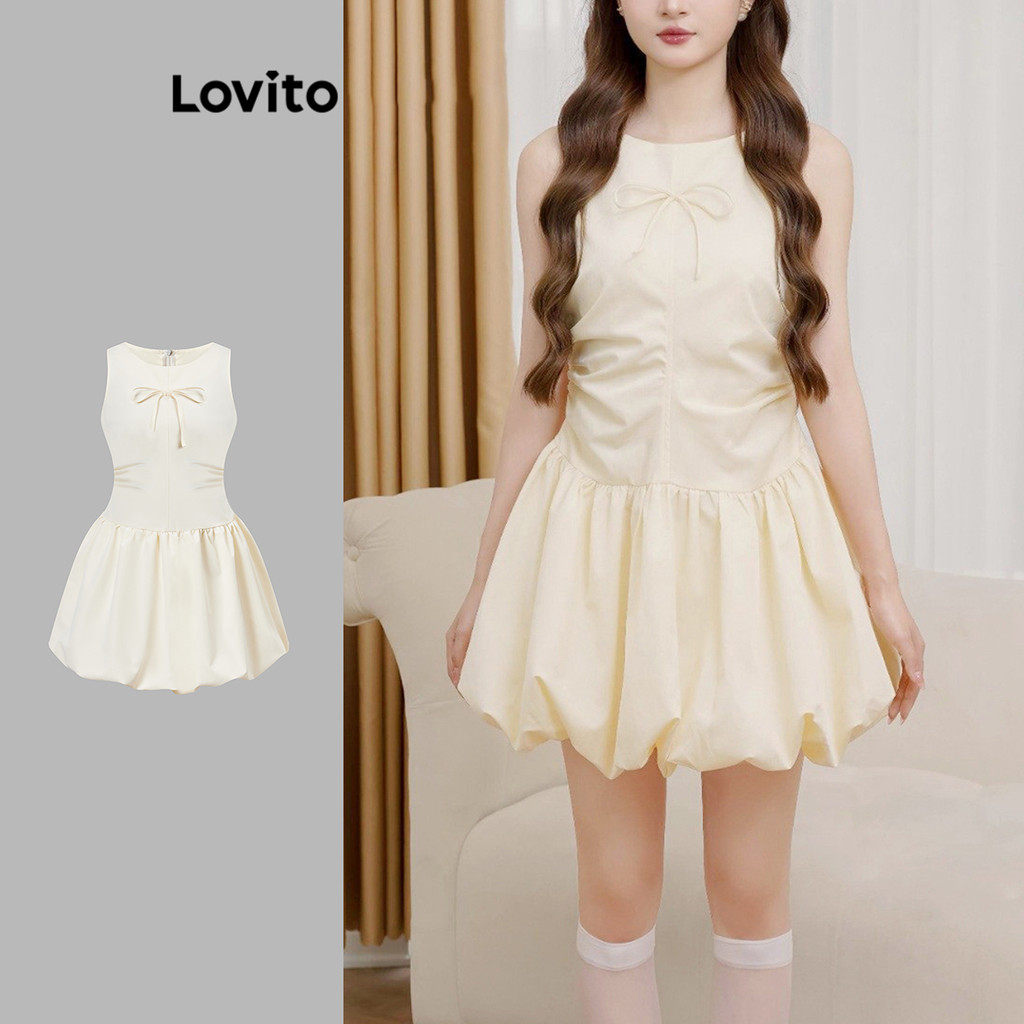 Lovito Vestido casual liso com laço drapeado para mulheres L110AD497 - Women Clothes