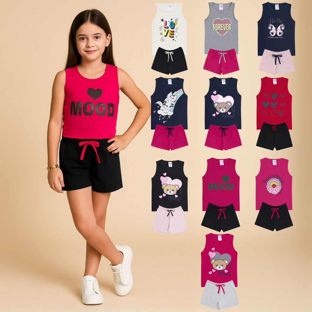 Kit Sortido 10 Peças 5 Camisetas + 5 Bermudas Infantil Juvenil Criança Feminino MeninA Tam 4 ao 14 Verão Promoção