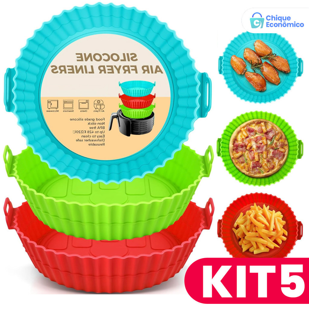 KIT 5 Forma De Silicone Para Air Fryer Forno Microondas Fritadeira Assadeira – Reutilizável Antiaderente Flexível