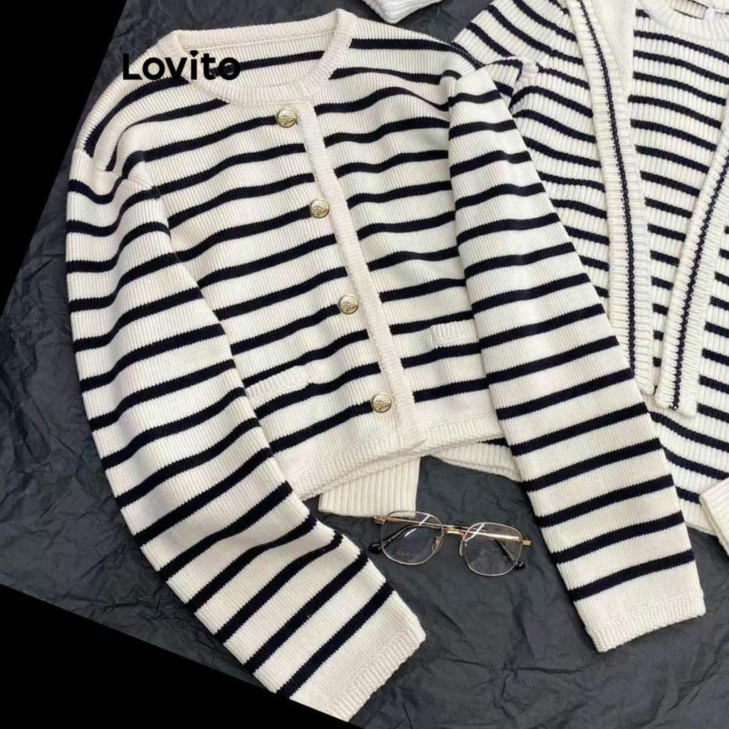 (KOL‘s pick) Lovito Cardigãs casuais listrados com botão frontal para mulheres LNL61203 em Oferta na Shopee