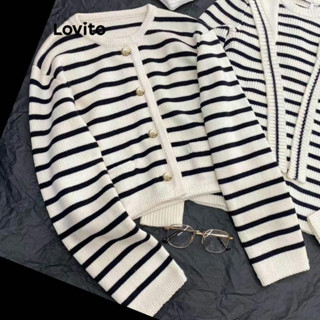 (KOL‘s pick) Lovito Cardigãs casuais listrados com botão frontal para mulheres LNL61203 em Oferta na Shopee