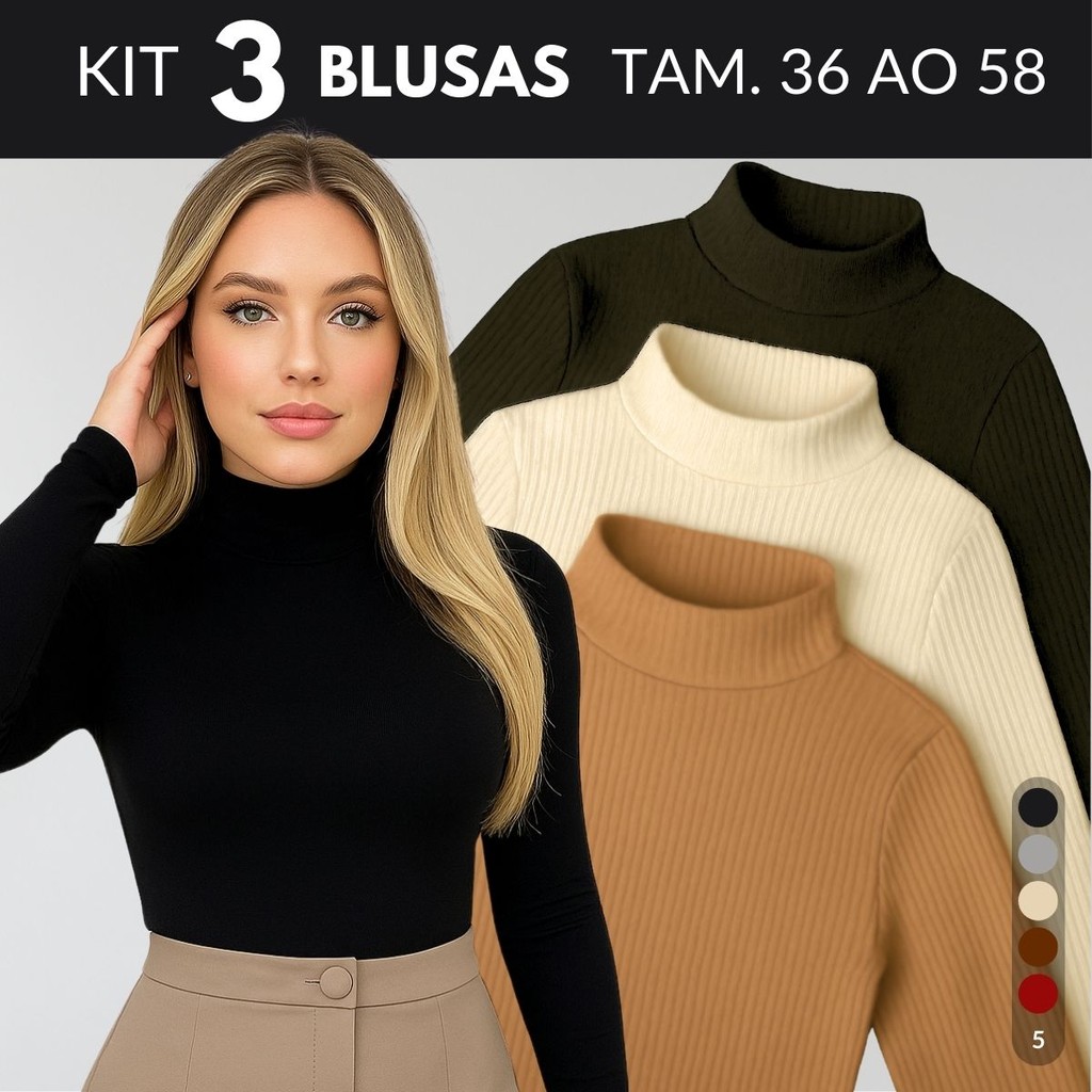 KIT 3 Blusa Gola Alta Feminino Blusa Segunda Pele Feminino Blusas Cacharrel Feminino