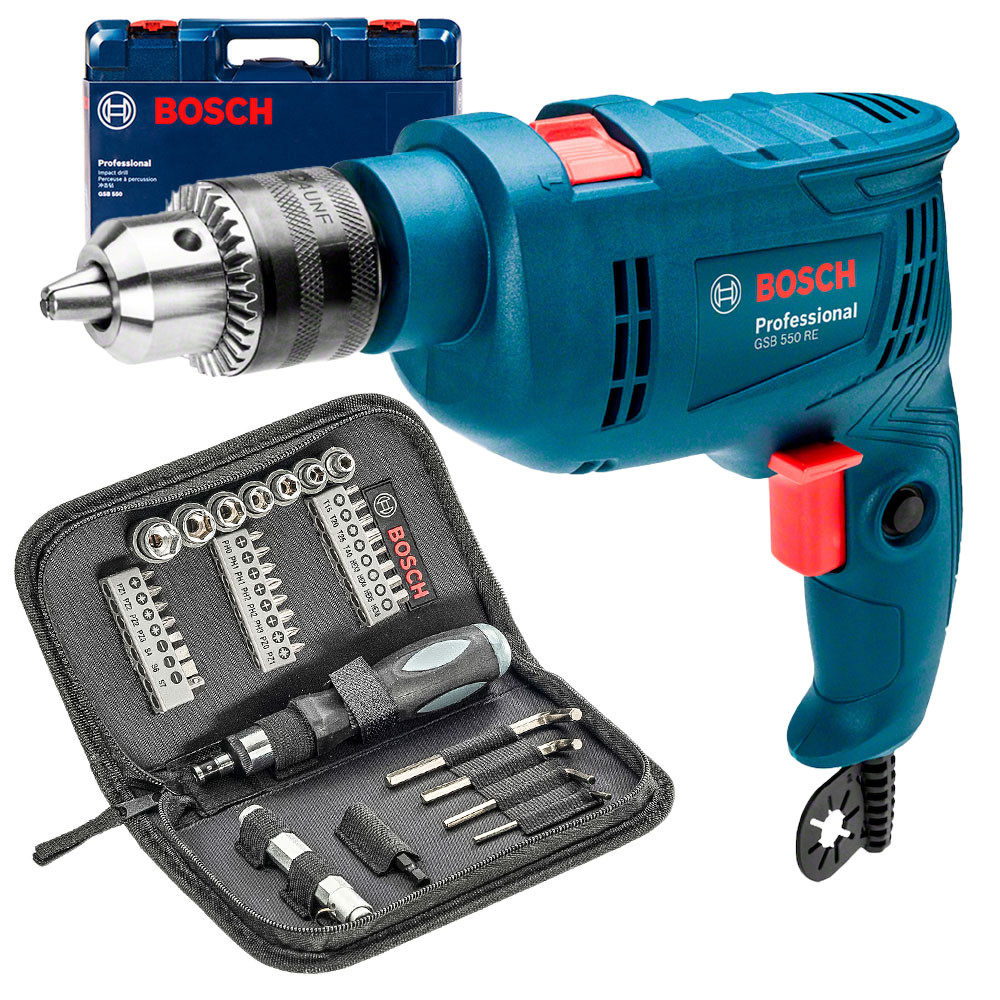 Kit Furadeira Bosch GSB 550 RE 550W 127v ou 220v com Maleta e Jogo 38 Peças - Home & Living