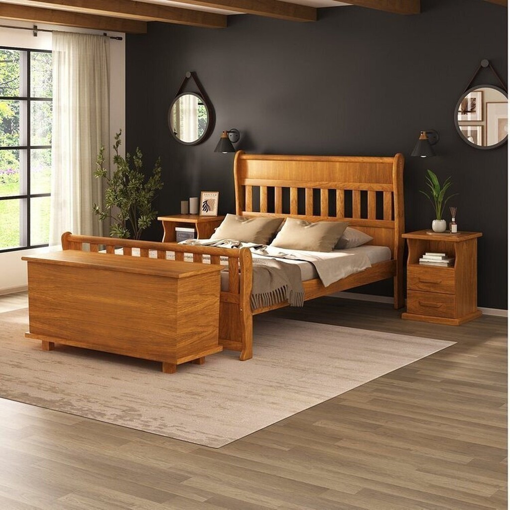 Conjunto Dormitório Casal com Cama, 2 Mesas de Cabeceira Slim e Baú de Peseira 140cm Nathalia
