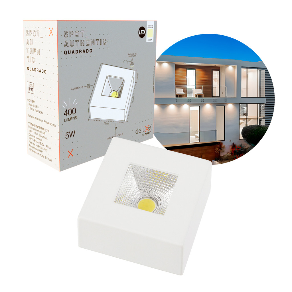 Spot Led Authentic Beiral de teto 5w 4000k Branco Neutro 7.5cm Bivolt Quadrado Branco Cod: 907010878 Deluxe By Avant