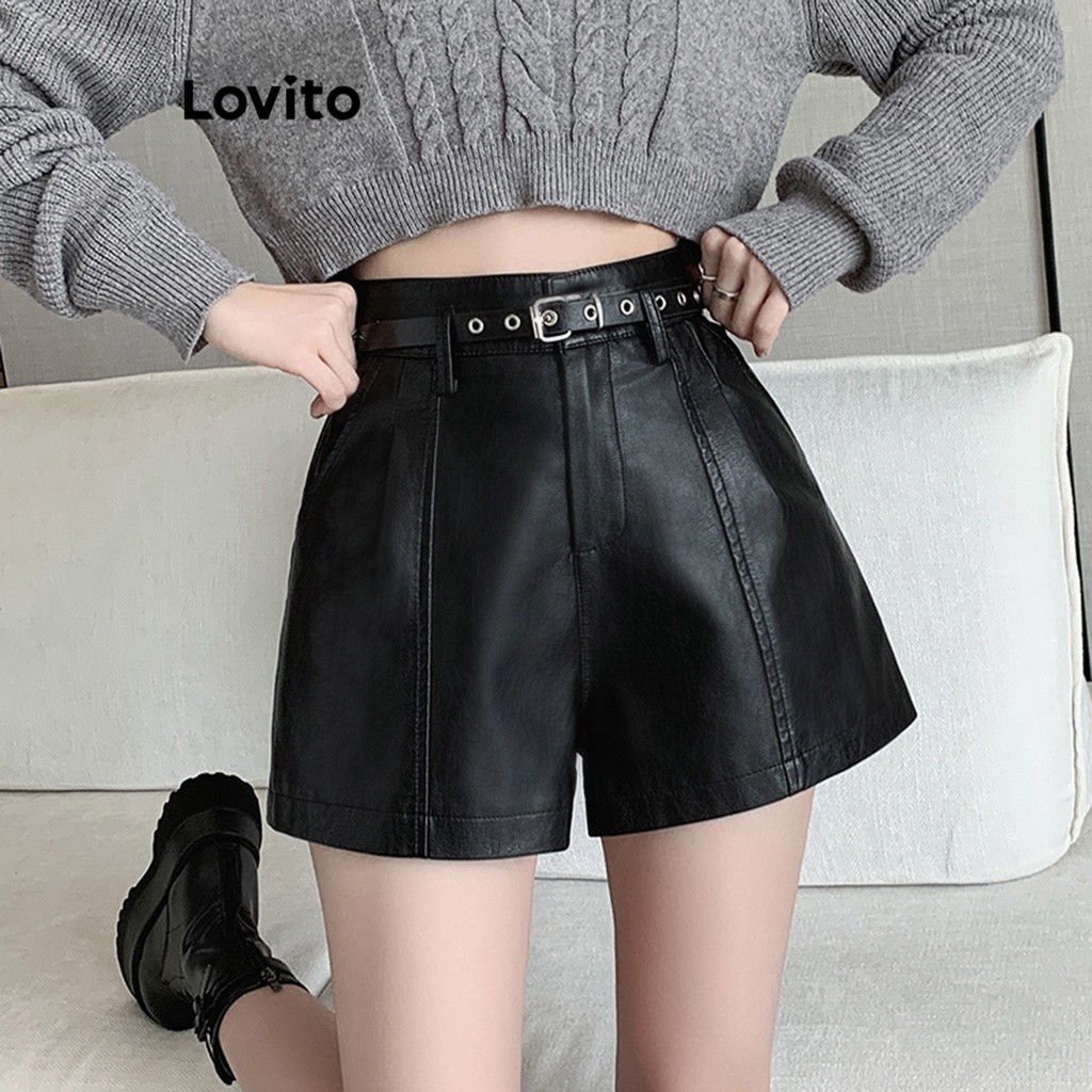 Lovito Shorts Casuais Shorts Lisos Para Mulheres LNE30098 (damasco/preto) - Women Clothes