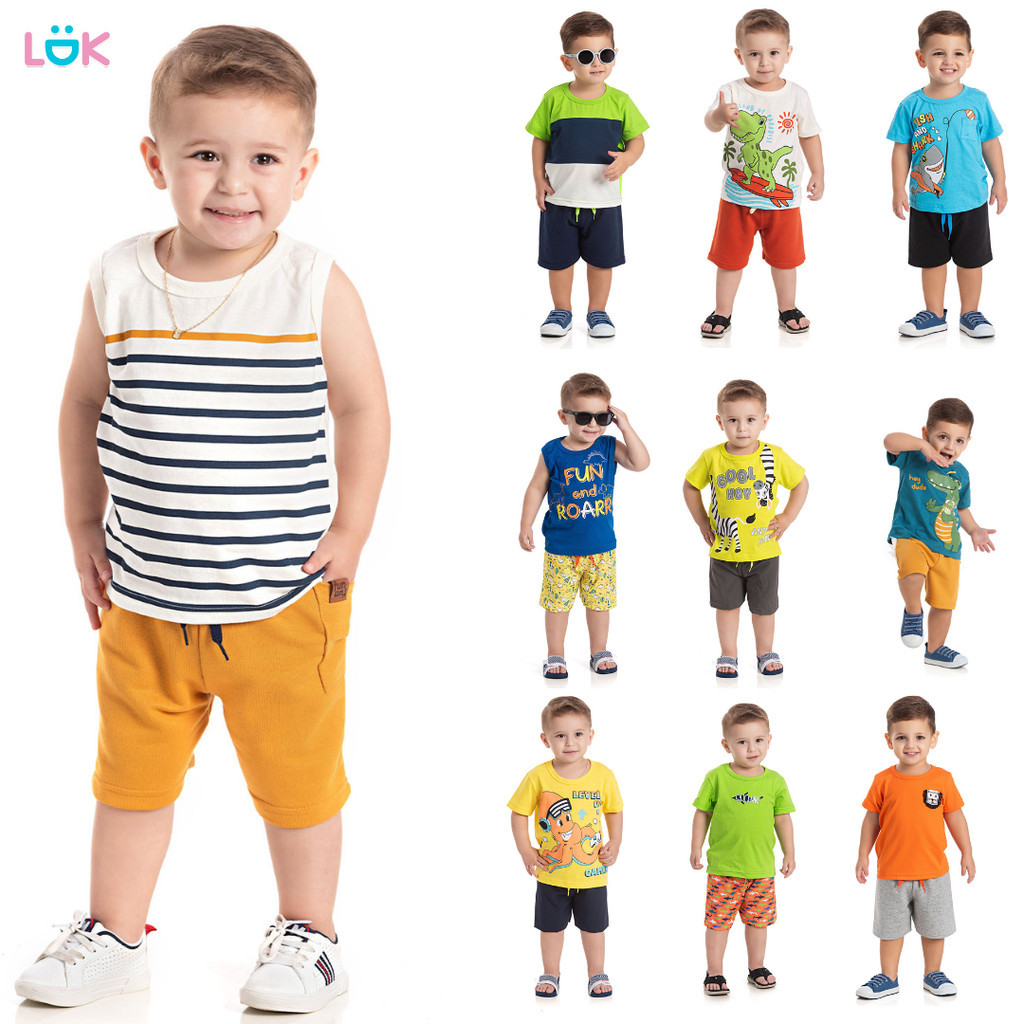 Kit Sortido 8 Peças de Roupas Infantil Menino Sortido - 4 Camisetas ou Regata + 4 Bermudas Moletinho
