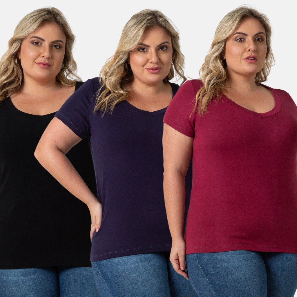 Kit 3 Blusas Feminina Plus Size Decote V Básica 103836-K3 em Oferta na Shopee