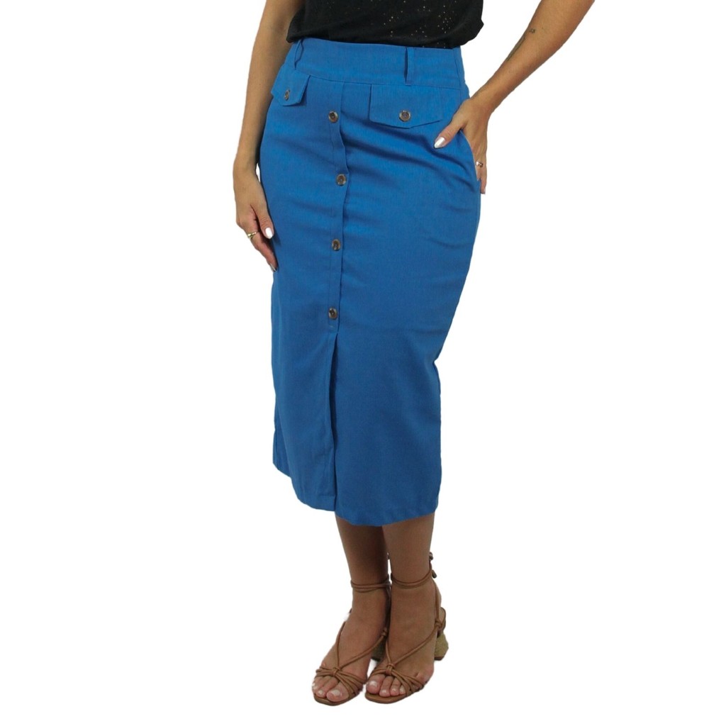 Saia Feminina de Linho 2 Lapelas Elegante Social Estilo Office Midi Com Bolsos Laterais Cintura Alta