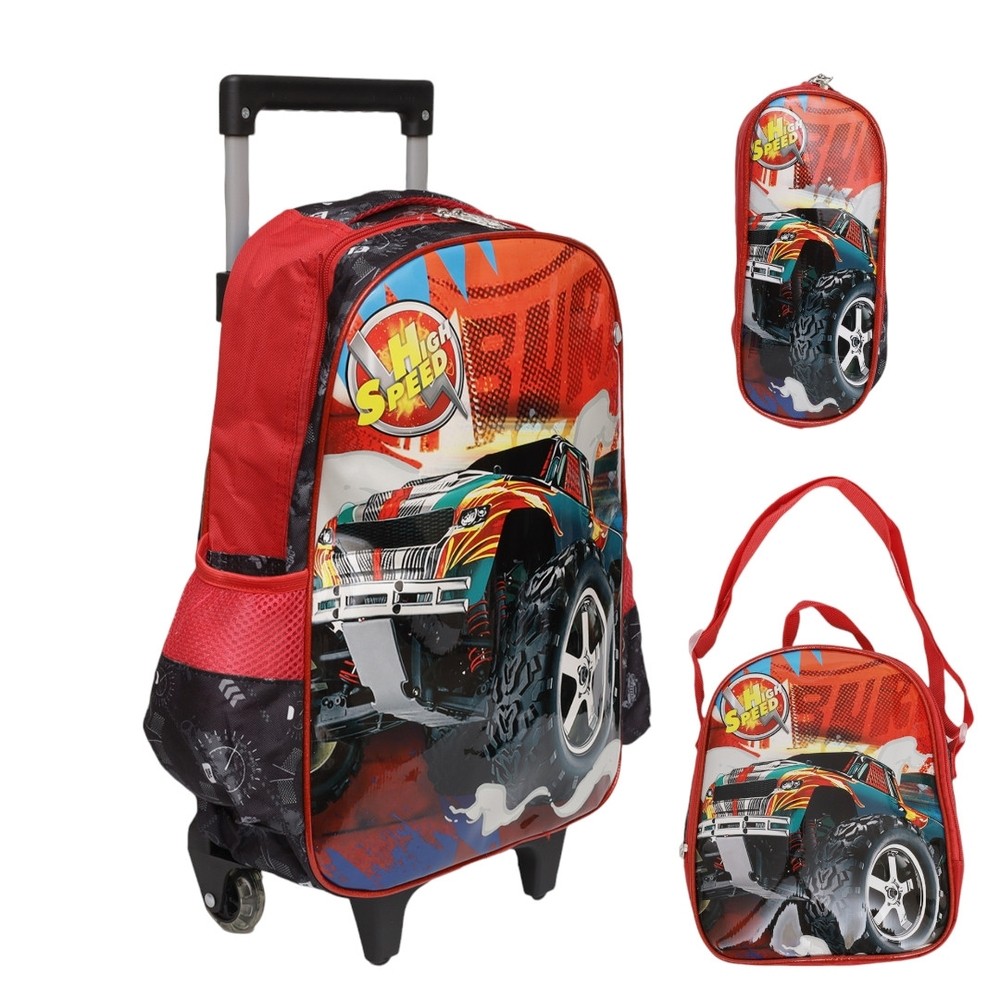 Kit Mochila Lancheira Estojo Escolar Rodinha Carro Menino