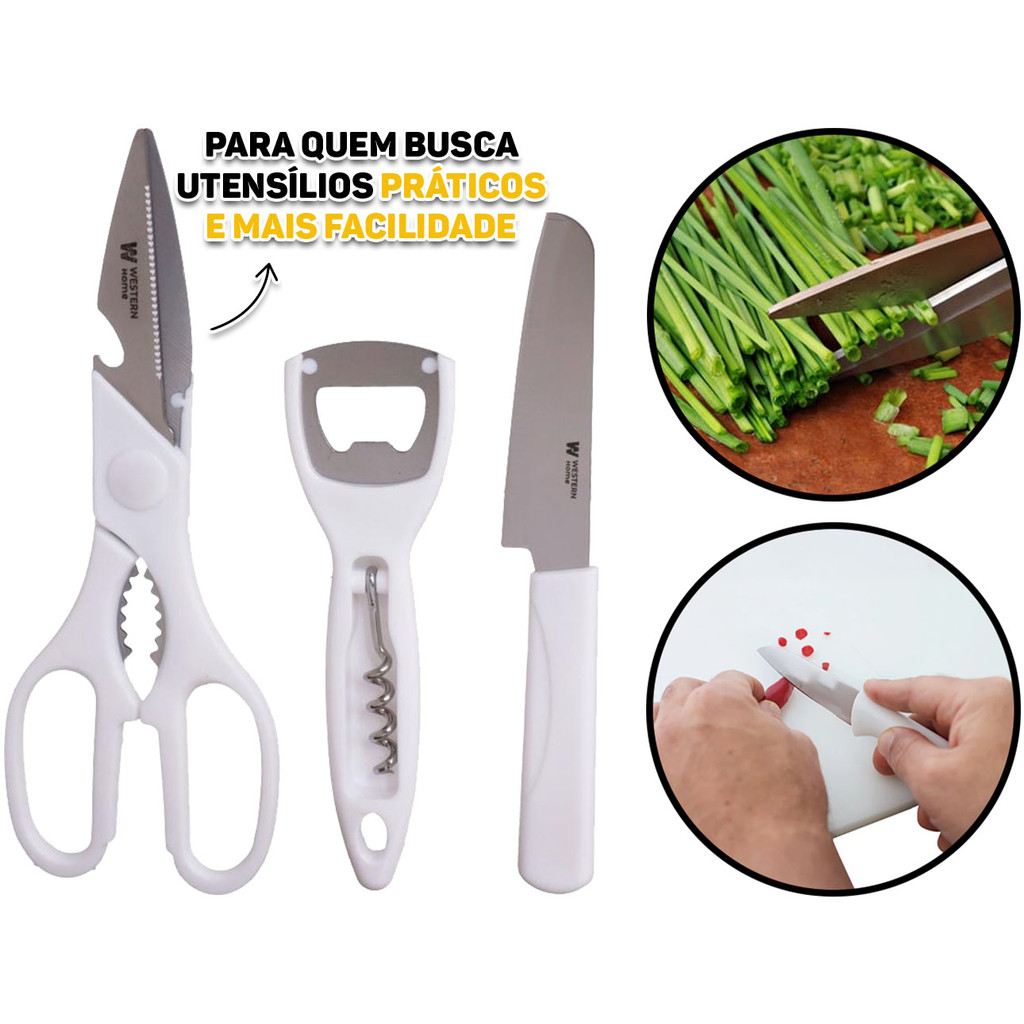 Conjunto 3 Peças Kit Culinário Faca Abridor De Garrafas + Tesoura Inox Para Alimentos Cozinha em Oferta na Shopee