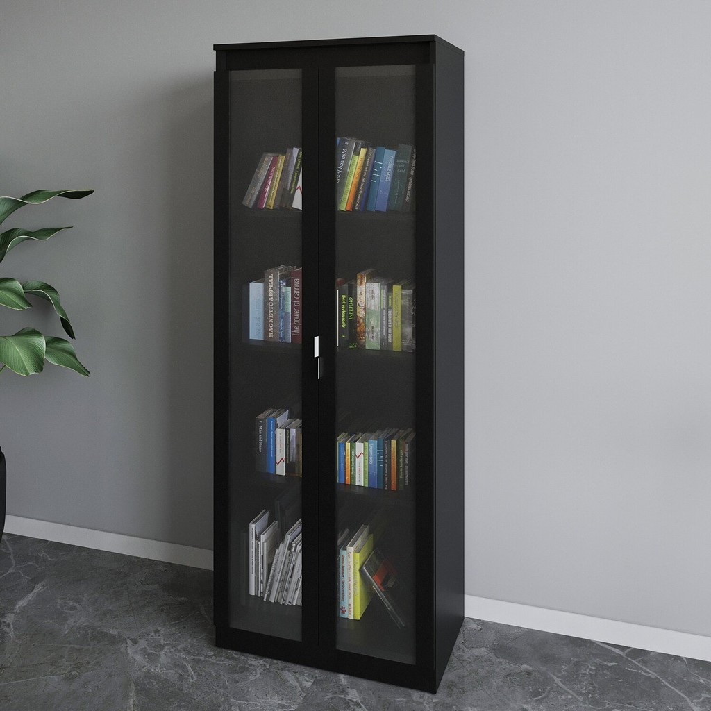 Armário para Escritório Alto 2 Portas de Vidro 4 Prateleiras MDP Preto Linha ME Preto em Oferta na Shopee