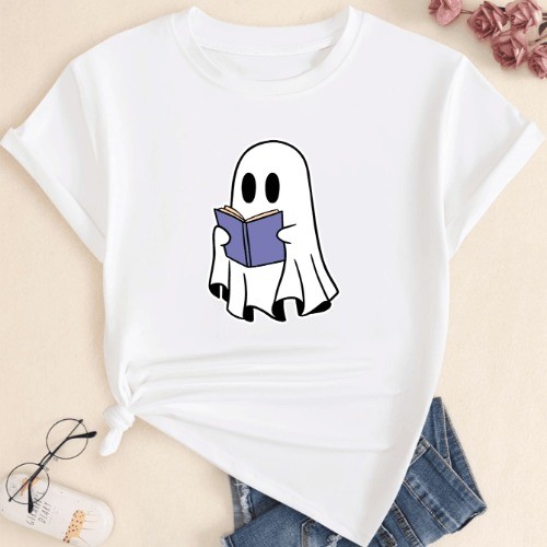 Camiseta Fantasma Fofo Lendo Livro Estampado Blusa Feminina Manga Curta