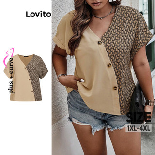 Lovito Blusa feminina casual com botões e costura em tecido geométrico plus size LBL16130 em Oferta na Shopee