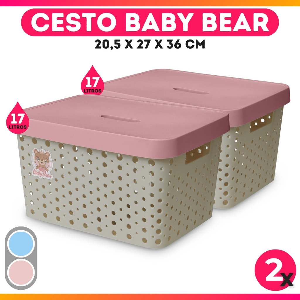 Kit 2 Caixas Cesto Organizador Baby Bear Rosa Azul 17L Trama Rattan Infantil Quarto Criança - Usual