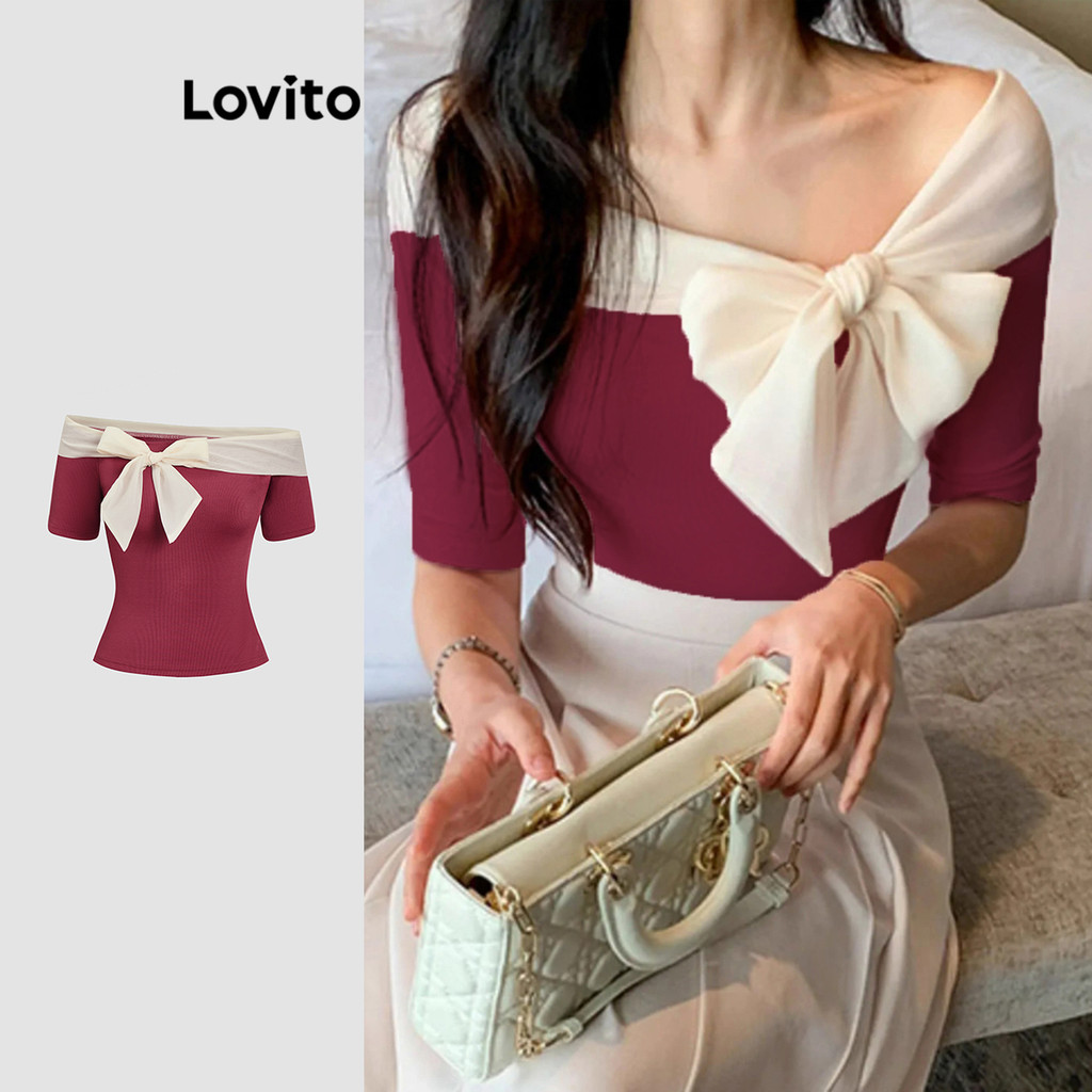 Lovito Camiseta Elegante Com Gravata Lisa Frontal Colorblock Para Mulheres L112ED405 - Women Clothes